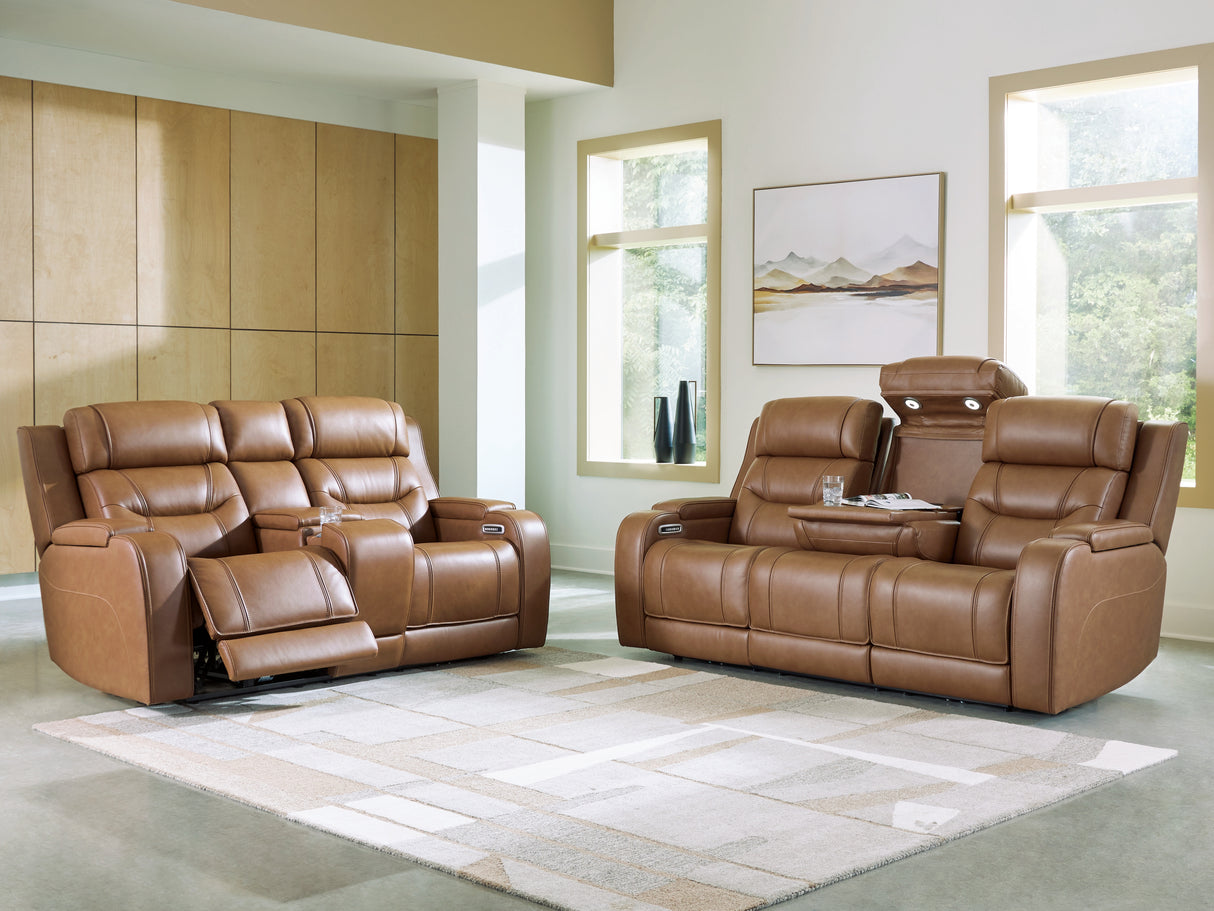 Knightington Caramel Power Reclining Sofa and Loveseat with Audio Seating from Ashley - Luna Furniture
