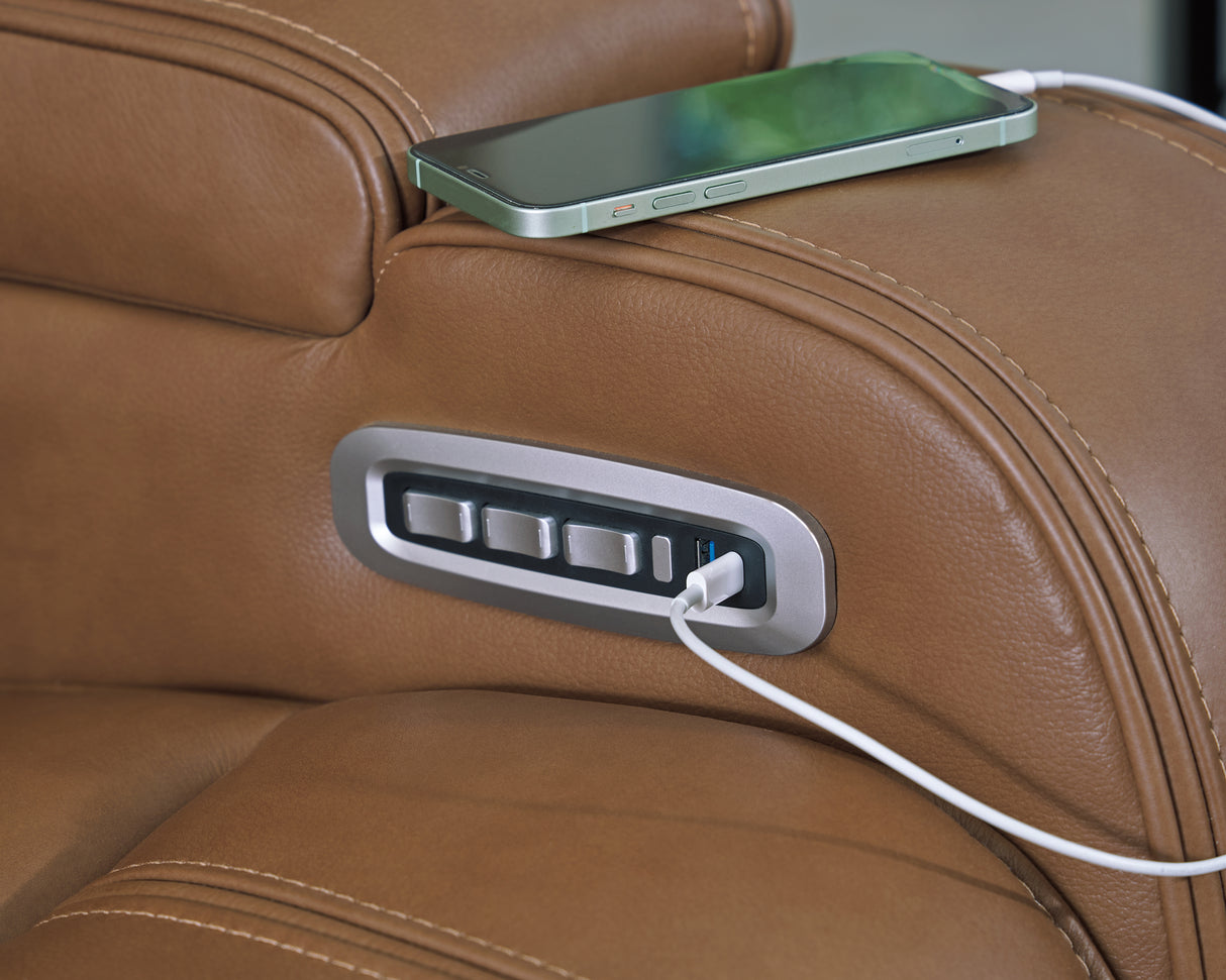 Knightington Caramel Power Reclining Sofa and Loveseat with Audio Seating from Ashley - Luna Furniture