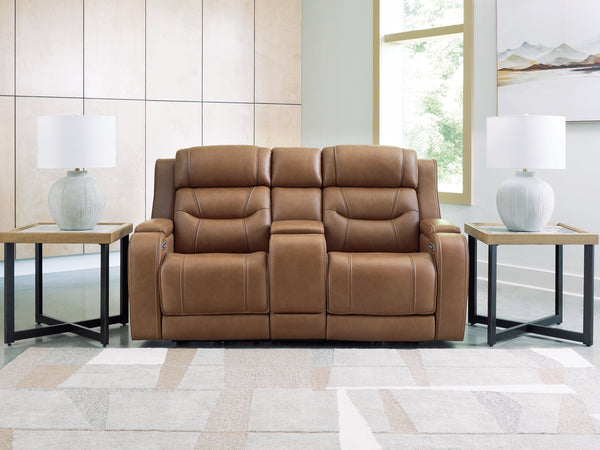 Knightington Caramel Power Reclining Loveseat with Audio Seating