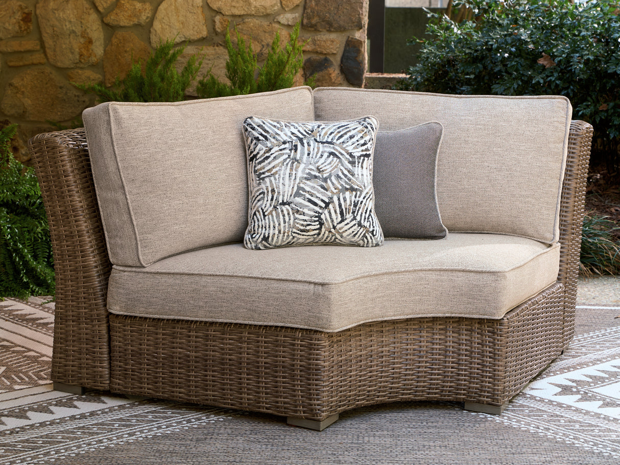 Laguna Heights Beige Outdoor Curved Corner Chair with Cushion from Ashley Furniture - Luna Furniture