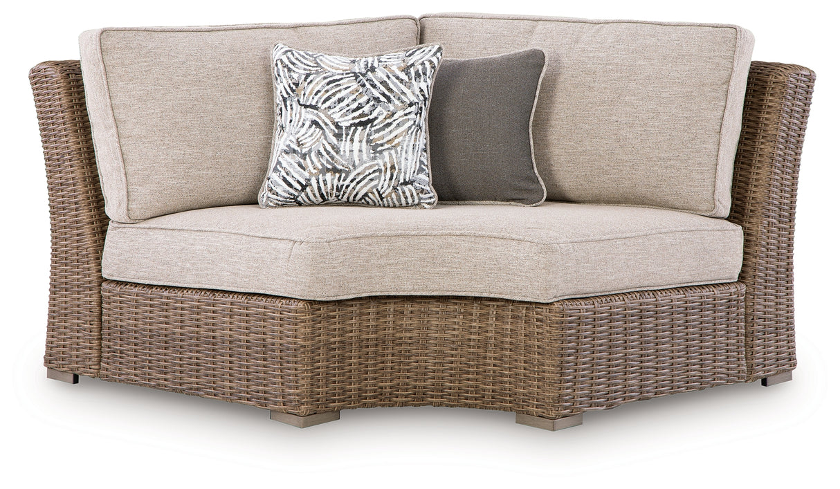 Laguna Heights Beige Outdoor Curved Corner Chair with Cushion from Ashley Furniture - Luna Furniture