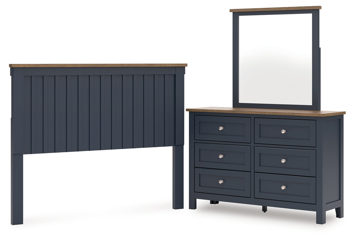 Landocken Queen Panel Headboard with Mirrored Dresser in Brown/Blue from Ashley Furniture - Luna Furniture