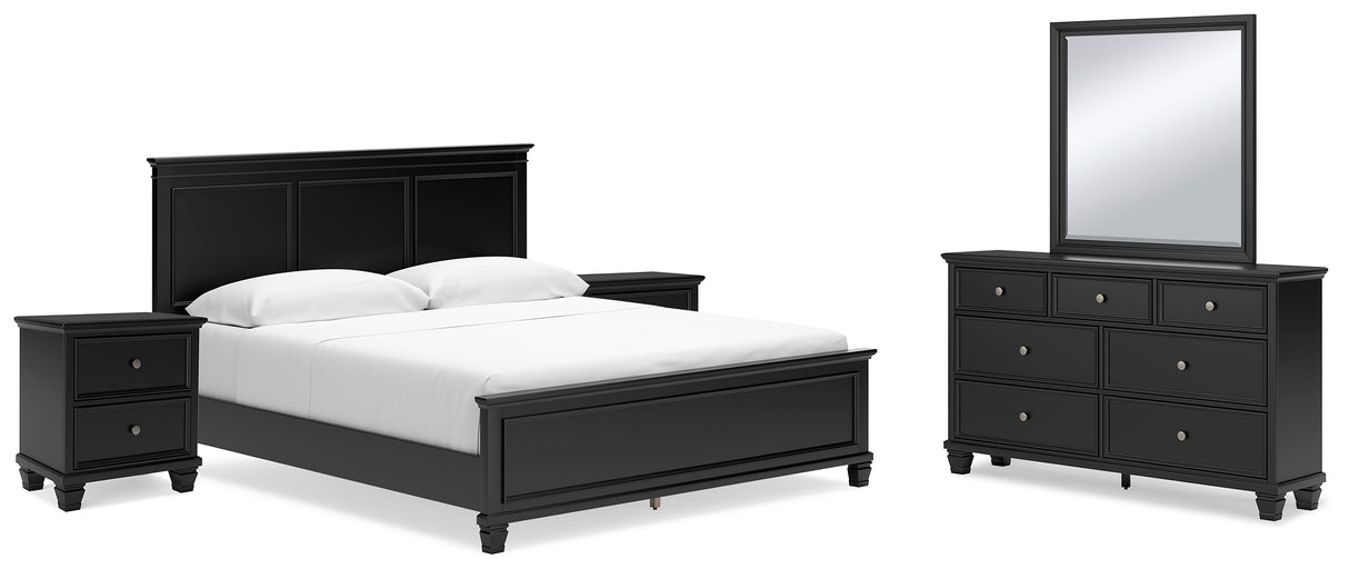 Lanolee California King Panel Bed with Mirrored Dresser and 2 Nightstands in Black from Ashley - Luna Furniture