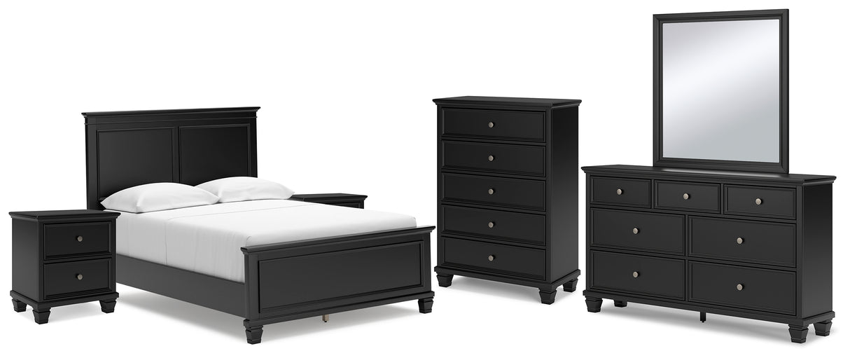 Lanolee Full Panel Bed with Mirrored Dresser, Chest and 2 Nightstands in Black from Ashley - Luna Furniture