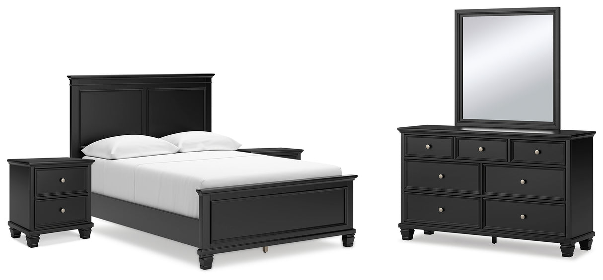 Lanolee Full Panel Bed with Mirrored Dresser and 2 Nightstands in Black from Ashley - Luna Furniture