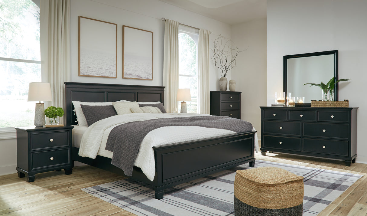 Lanolee King Panel Bed with Mirrored Dresser, Chest and 2 Nightstands in Black from Ashley Furniture - Luna Furniture
