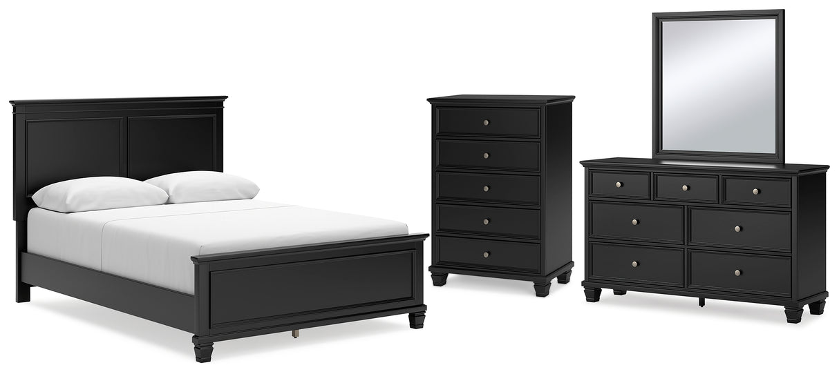 Lanolee Queen Panel Bed with Mirrored Dresser and Chest in Black from Ashley - Luna Furniture