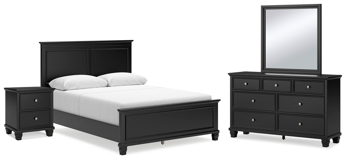Lanolee Queen Panel Bed with Mirrored Dresser and Nightstand in Black from Ashley Furniture - Luna Furniture