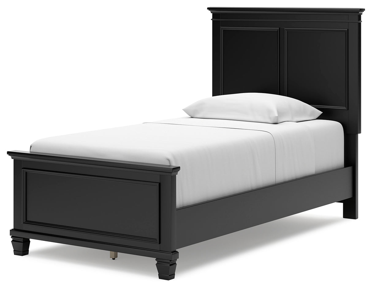 Lanolee Twin Panel Bed with Mirrored Dresser and Chest in Black from Ashley - Luna Furniture