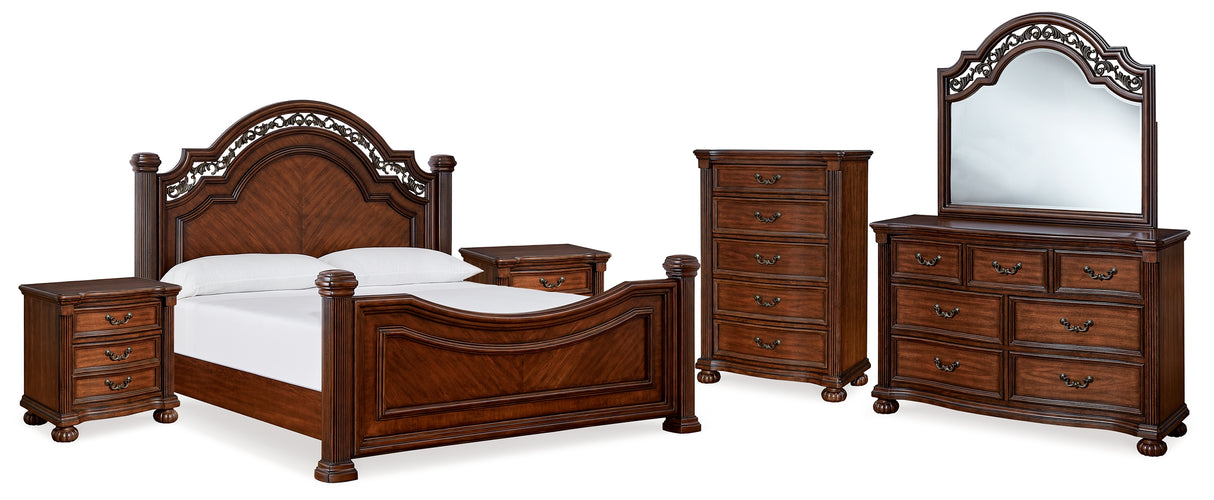 Lavinton California King Poster Bed with Mirrored Dresser, Chest and 2 Nightstands in Brown from Ashley Furniture - Luna Furniture