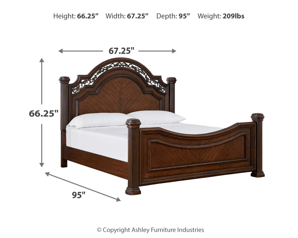 Lavinton Queen Poster Bed with Mirrored Dresser, Chest and 2 Nightstands in Brown from Ashley - Luna Furniture