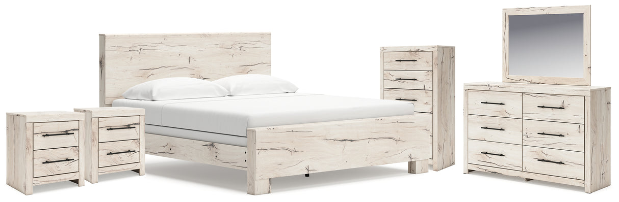Lawroy King Panel Bed with Mirrored Dresser, Chest and 2 Nightstands in Light Natural from Ashley - Luna Furniture