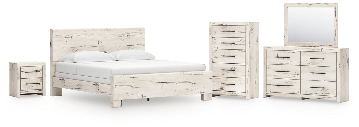 Lawroy King Panel Bed with Mirrored Dresser, Chest and Nightstand in Light Natural from Ashley - Luna Furniture