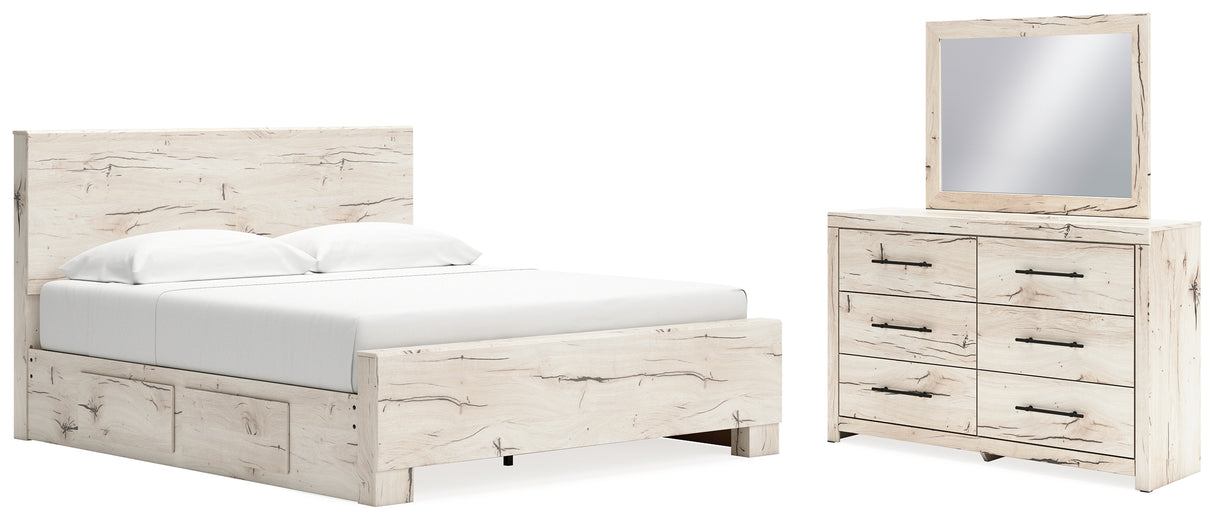 Lawroy King Panel Bed with Mirrored Dresser in Light Natural from Ashley - Luna Furniture