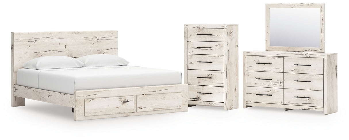 Lawroy King Panel Storage Bed with Mirrored Dresser and Chest in Light Natural from Ashley - Luna Furniture