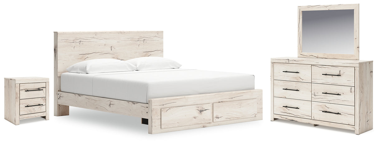 Lawroy King Panel Storage Bed with Mirrored Dresser and Nightstand in Light Natural from Ashley Furniture - Luna Furniture
