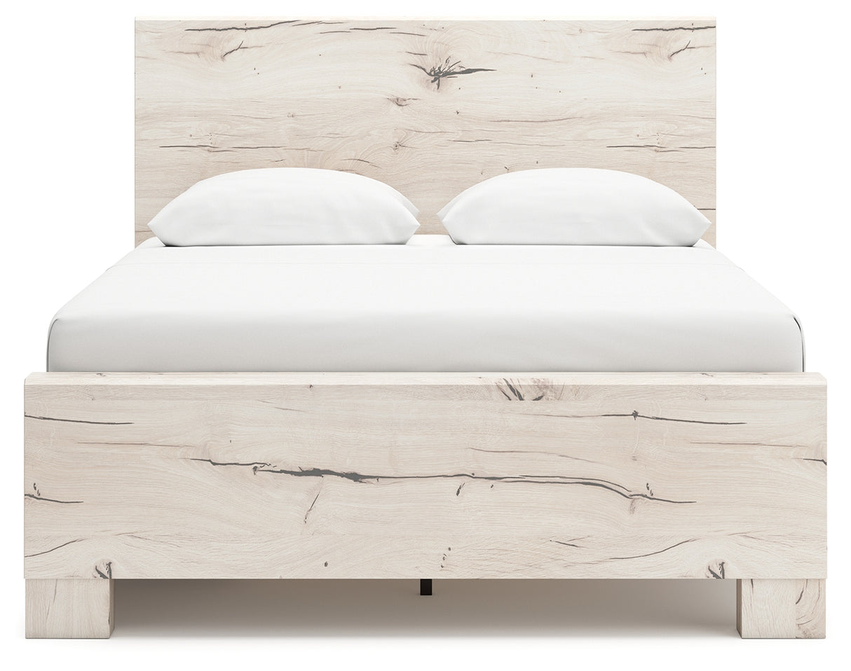 Lawroy Queen Panel Bed with Mirrored Dresser and Nightstand in Light Natural from Ashley - Luna Furniture