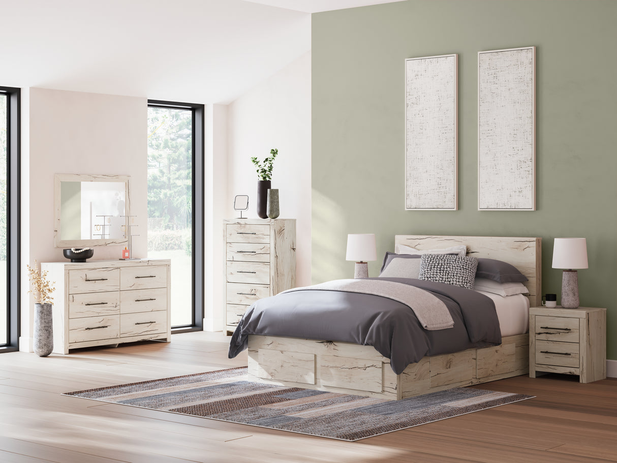 Lawroy Queen Panel Storage Bed with Mirrored Dresser in Light Natural from Ashley - Luna Furniture