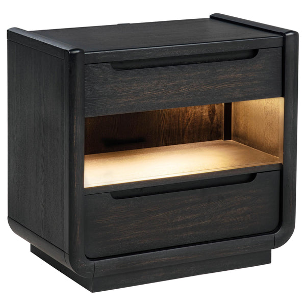 Leandro Burnished Black 2-Drawer LED Nightstand with USB