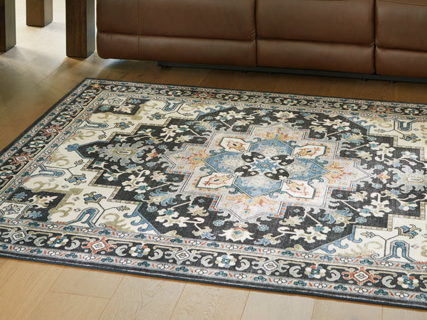 Leningston Black/Cream/Blue Washable Medium Rug