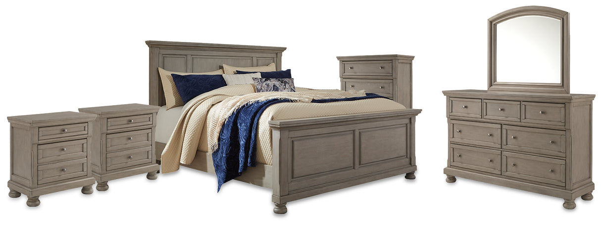 Lettner King Panel Bed with Mirrored Dresser, Chest and 2 Nightstands in Light Gray from Ashley Furniture - Luna Furniture