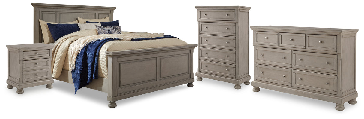 Lettner Light Gray California King Panel Bed, Dresser, Chest and 2 Nightstands from Ashley Furniture - Luna Furniture