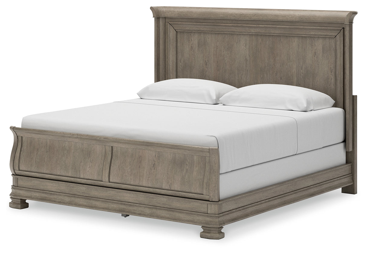 Lexorne King Sleigh Bed with Mirrored Dresser and 2 Nightstands in Gray from Ashley - Luna Furniture