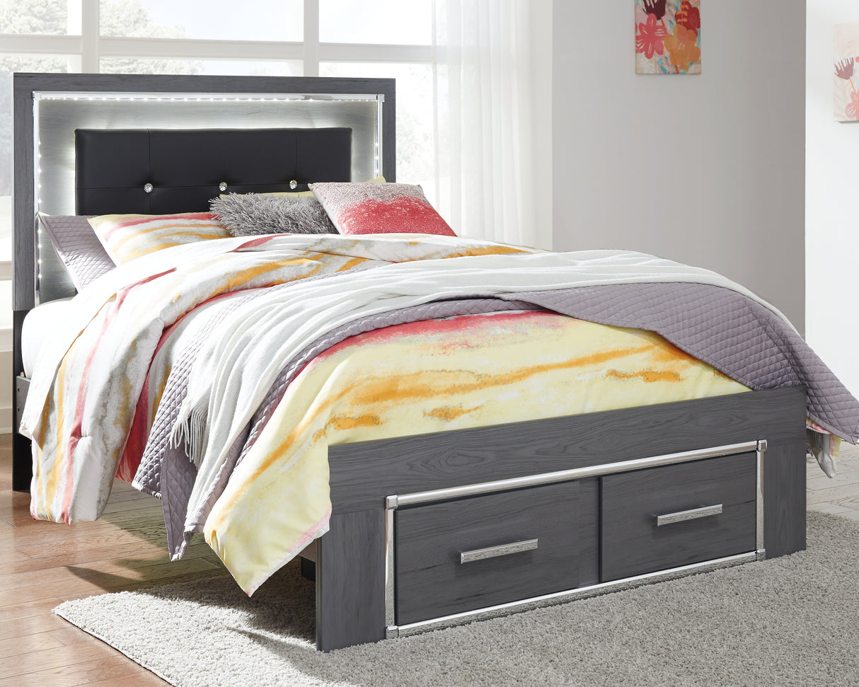 Lodanna Full Panel Bed with 2 Storage Drawers with Mirrored Dresser and Chest in Gray from Ashley - Luna Furniture