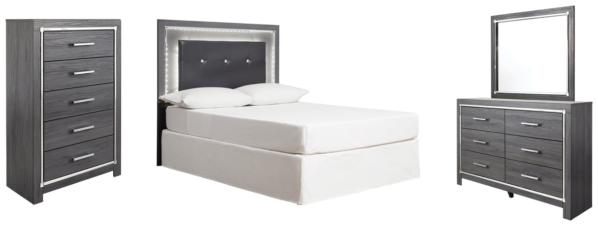 Lodanna Full Upholstered Panel Headboard Bed with Mirrored Dresser and Chest in Gray from Ashley Furniture - Luna Furniture