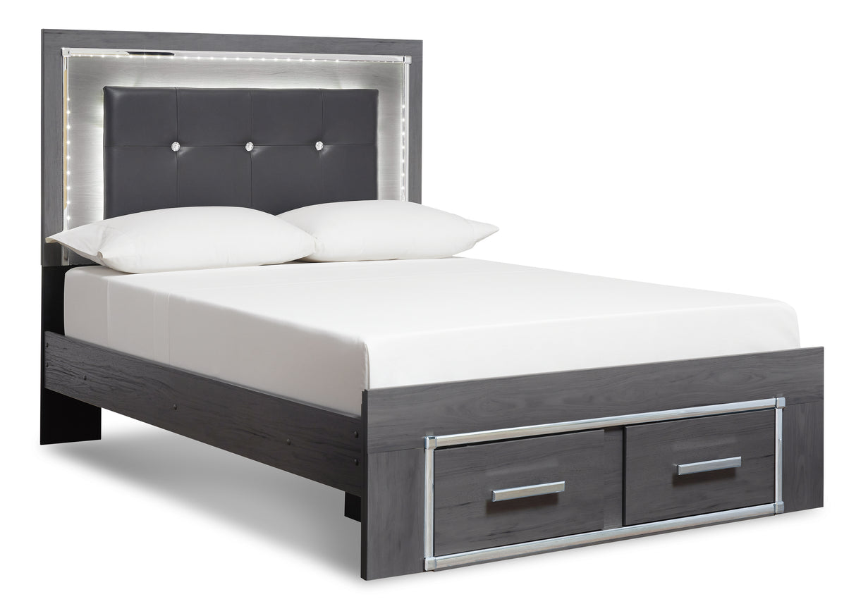 Lodanna King Panel Bed with 2 Storage Drawers with Mirrored Dresser, Chest and 2 Nightstands in Gray from Ashley - Luna Furniture