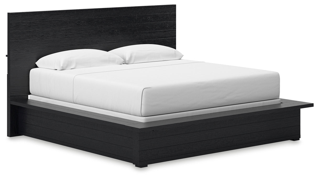 Londer King Panel Bed with Mirrored Dresser and 2 Nightstands in Black from Ashley - Luna Furniture