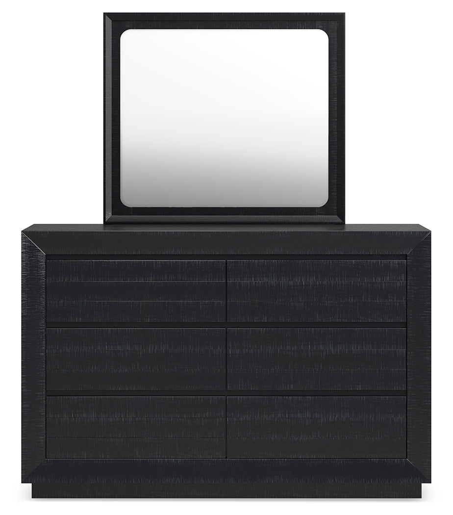 Londer King Panel Bed with Mirrored Dresser and Nightstand in Black from Ashley - Luna Furniture