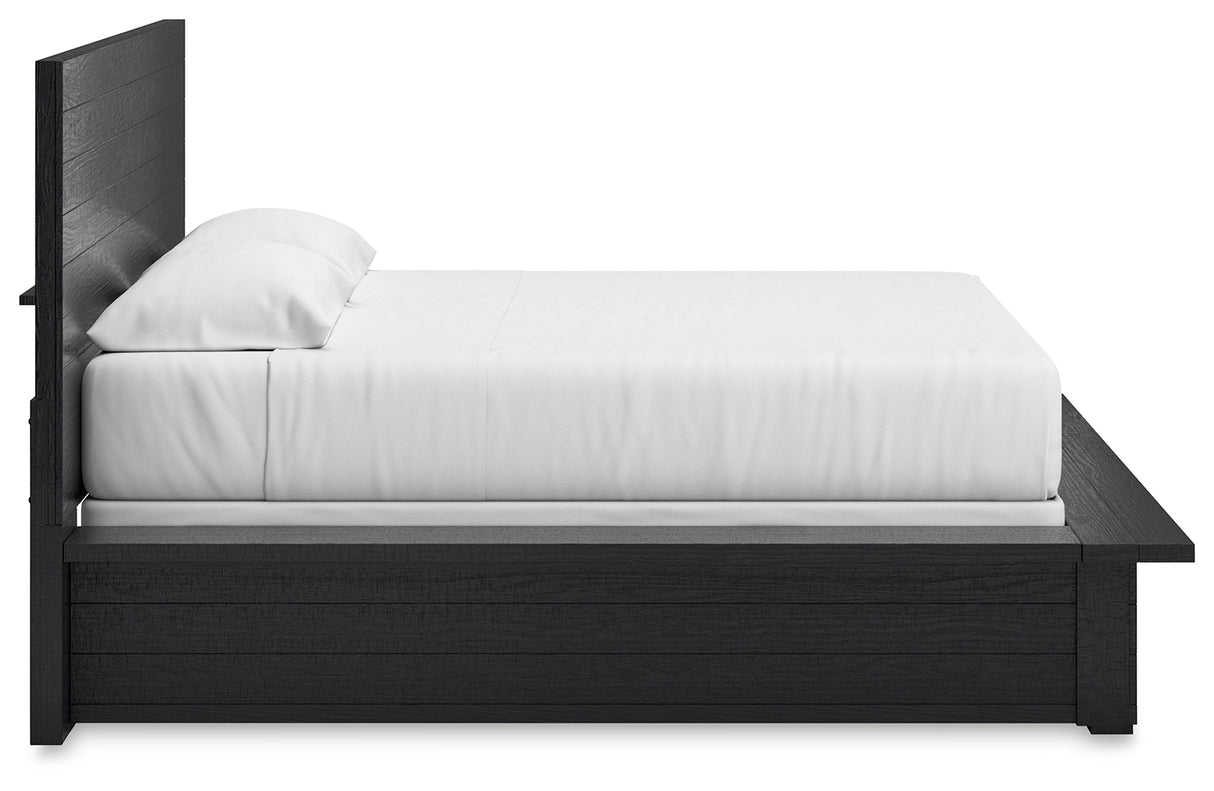 Londer King Panel Bed with Mirrored Dresser and Nightstand in Black from Ashley - Luna Furniture