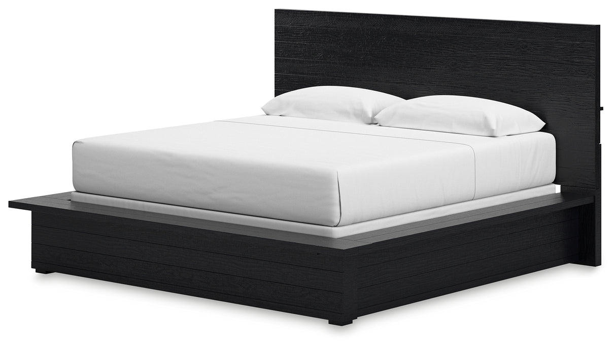 Londer King Panel Bed with Mirrored Dresser in Black from Ashley - Luna Furniture