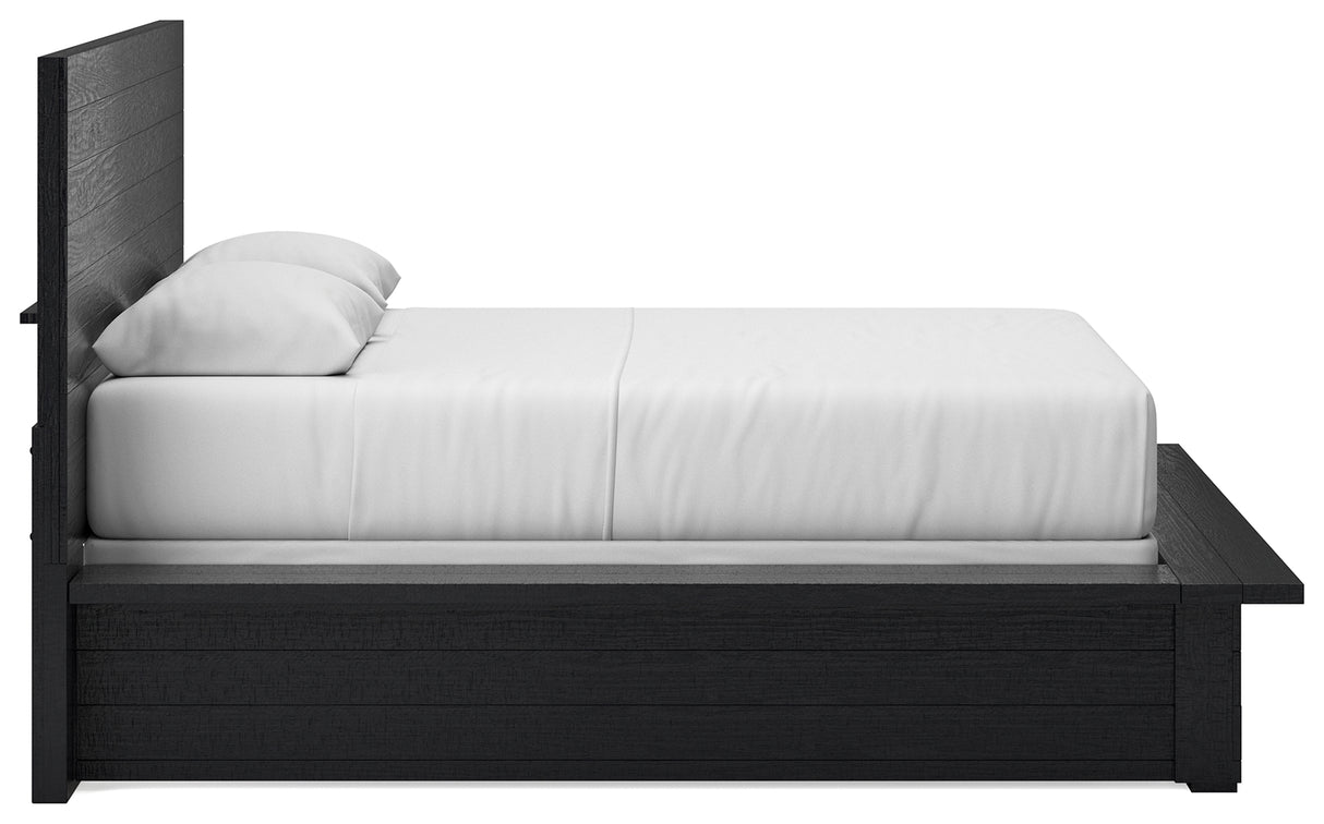 Londer Queen Panel Bed with Mirrored Dresser and 2 Nightstands in Black from Ashley - Luna Furniture