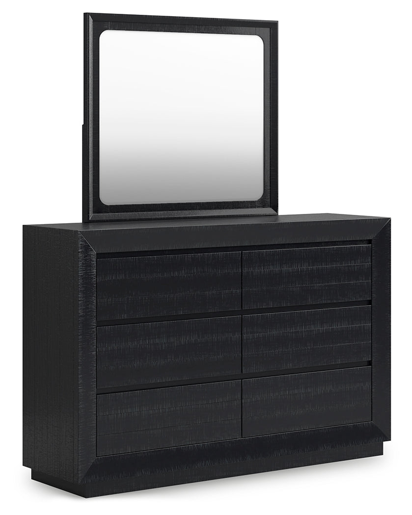 Londer Queen Panel Bed with Mirrored Dresser and Nightstand in Black from Ashley - Luna Furniture