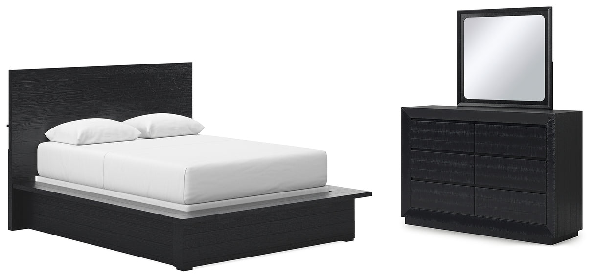 Londer Queen Panel Bed with Mirrored Dresser in Black from Ashley - Luna Furniture