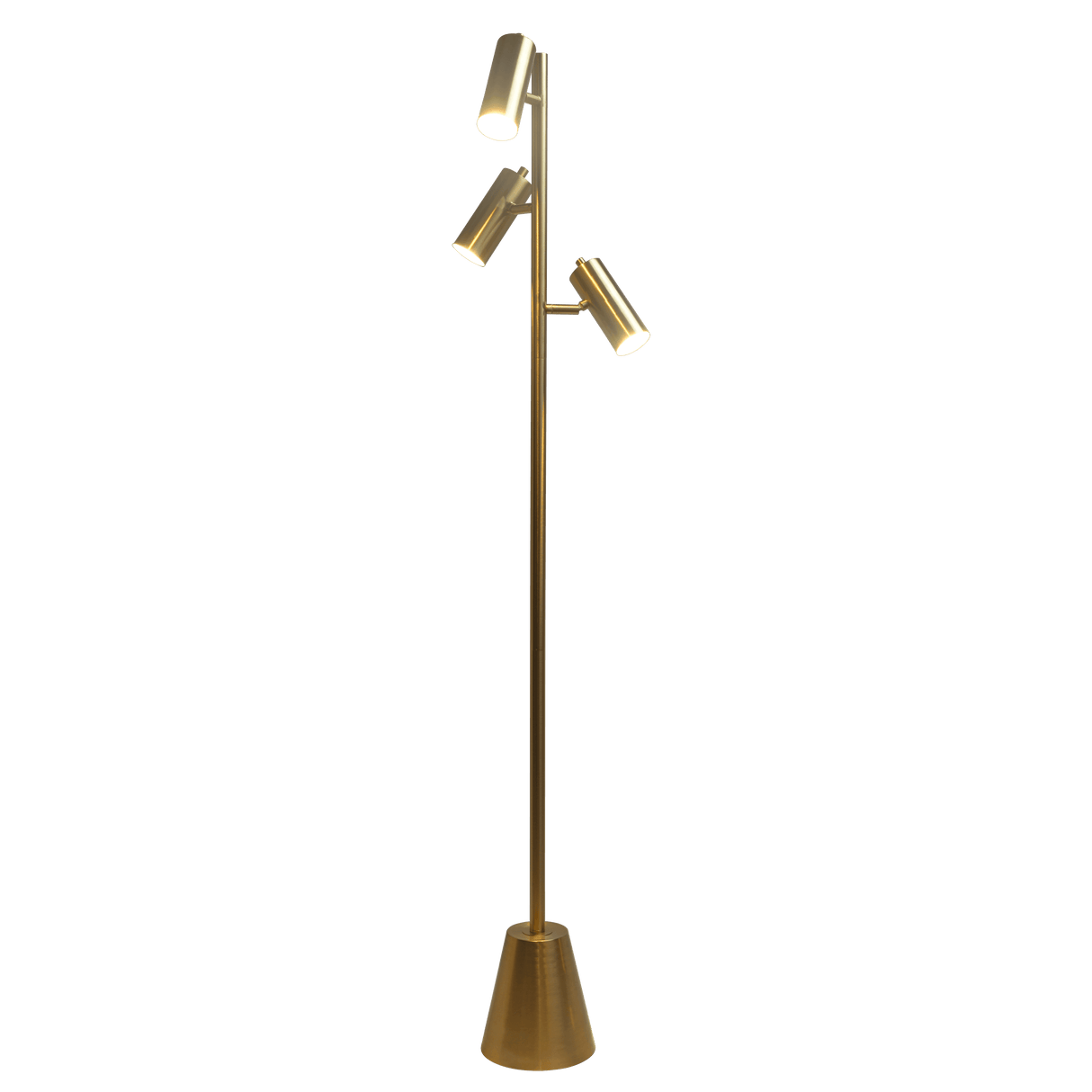 Lumina Brassed Gold Floor Lamp with Rotary Switch Triple Spots Metal Cone Base from Midinmod - Luna Furniture