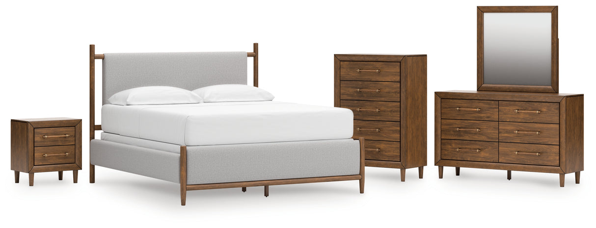Lyncott California King Upholstered Bed with Mirrored Dresser, Chest and Nightstand in Brown from Ashley - Luna Furniture