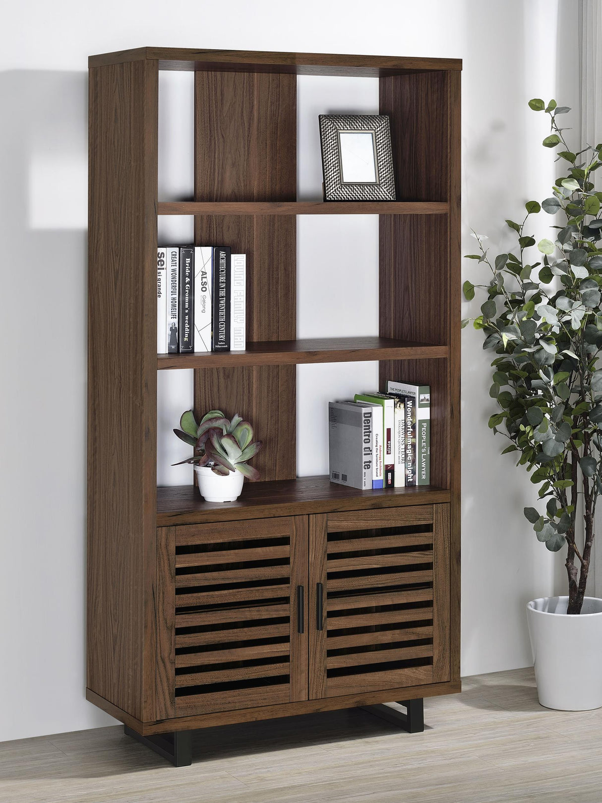 Maddox Walnut 71-inch 3-Shelf Cabinet Bookcase from Coaster - Luna Furniture