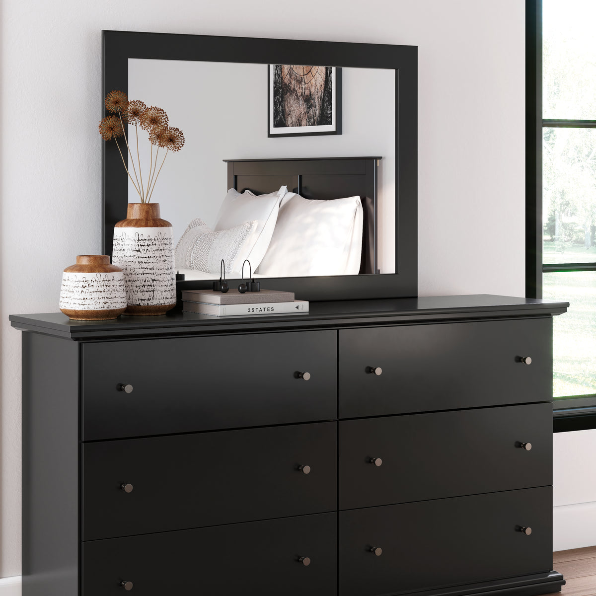 black dresser and mirror Black & Gold Laminate Dresser & Mirror – Rehaus main image 1