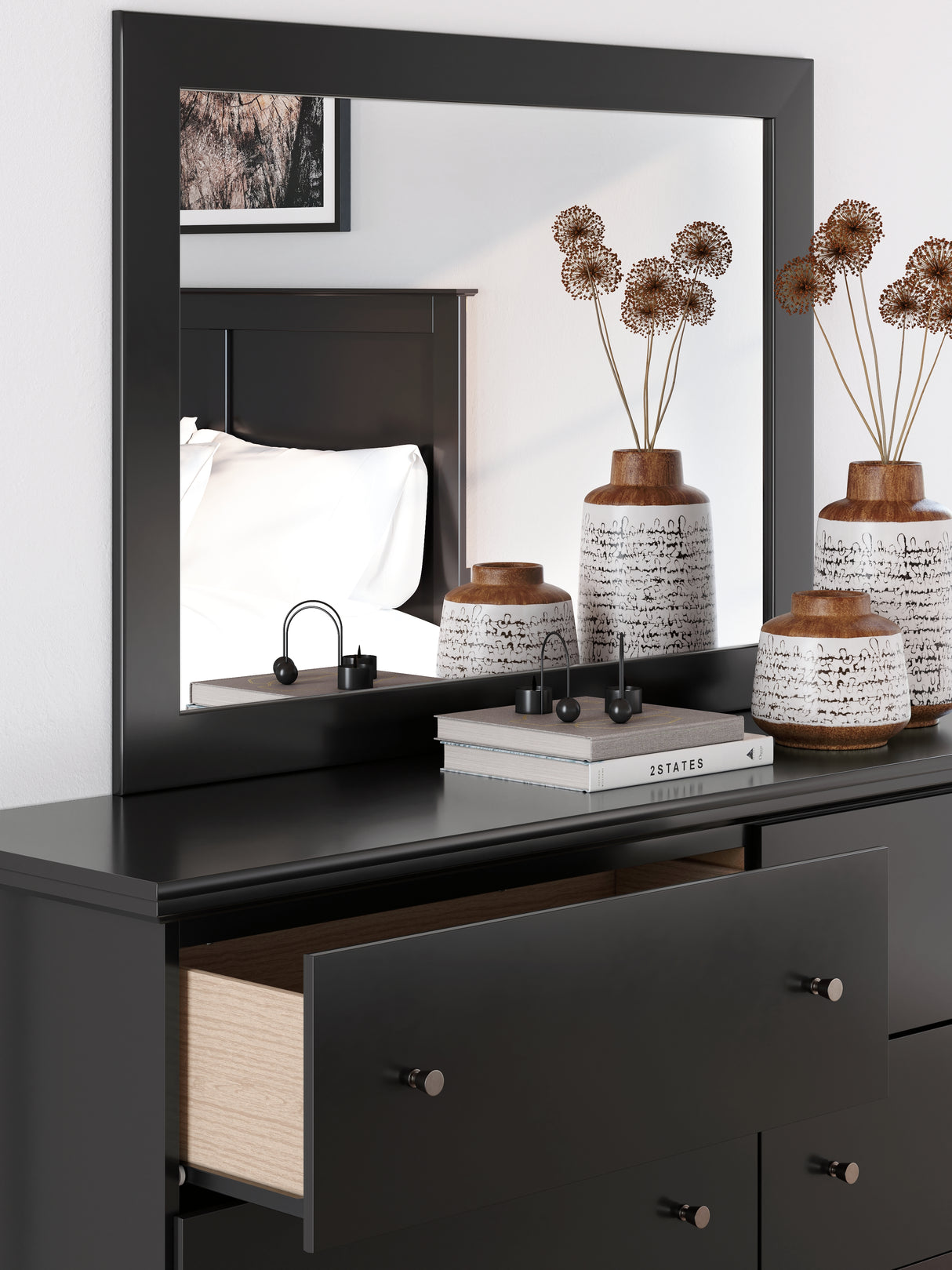 Maribel Queen Panel Bed with Mirrored Dresser and 2 Nightstands in Black from Ashley Furniture - Luna Furniture