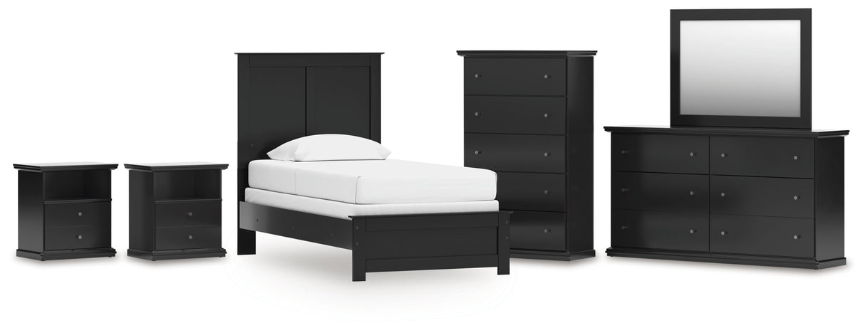 Maribel Twin Panel Bed with Mirrored Dresser, Chest and 2 Nightstands in Black from Ashley - Luna Furniture
