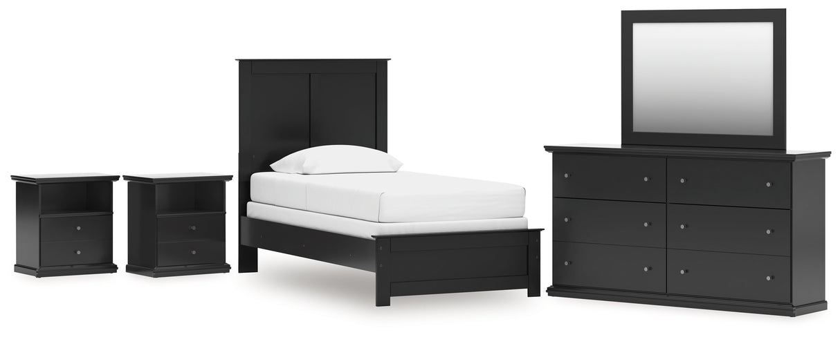 Maribel Twin Panel Bed with Mirrored Dresser and Nightstand in Black from Ashley Furniture - Luna Furniture