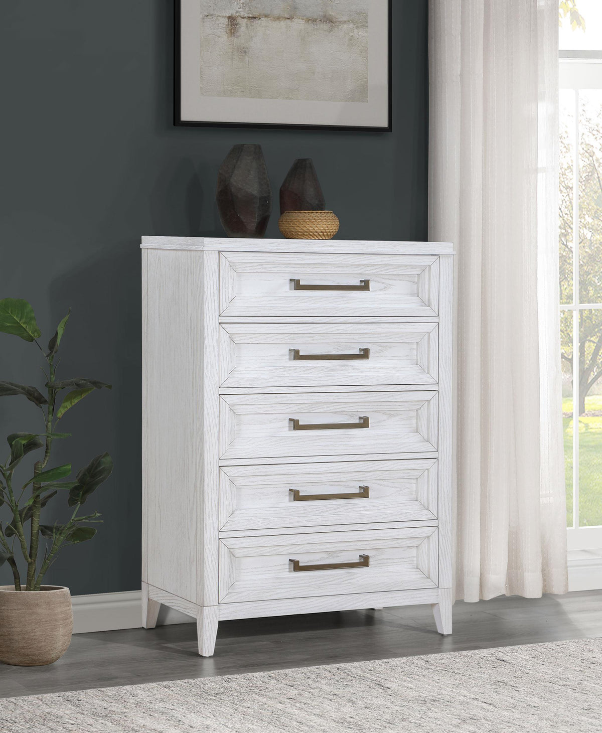 Marielle Distressed White 5-Drawer Bedroom Chest from Coaster - Luna Furniture