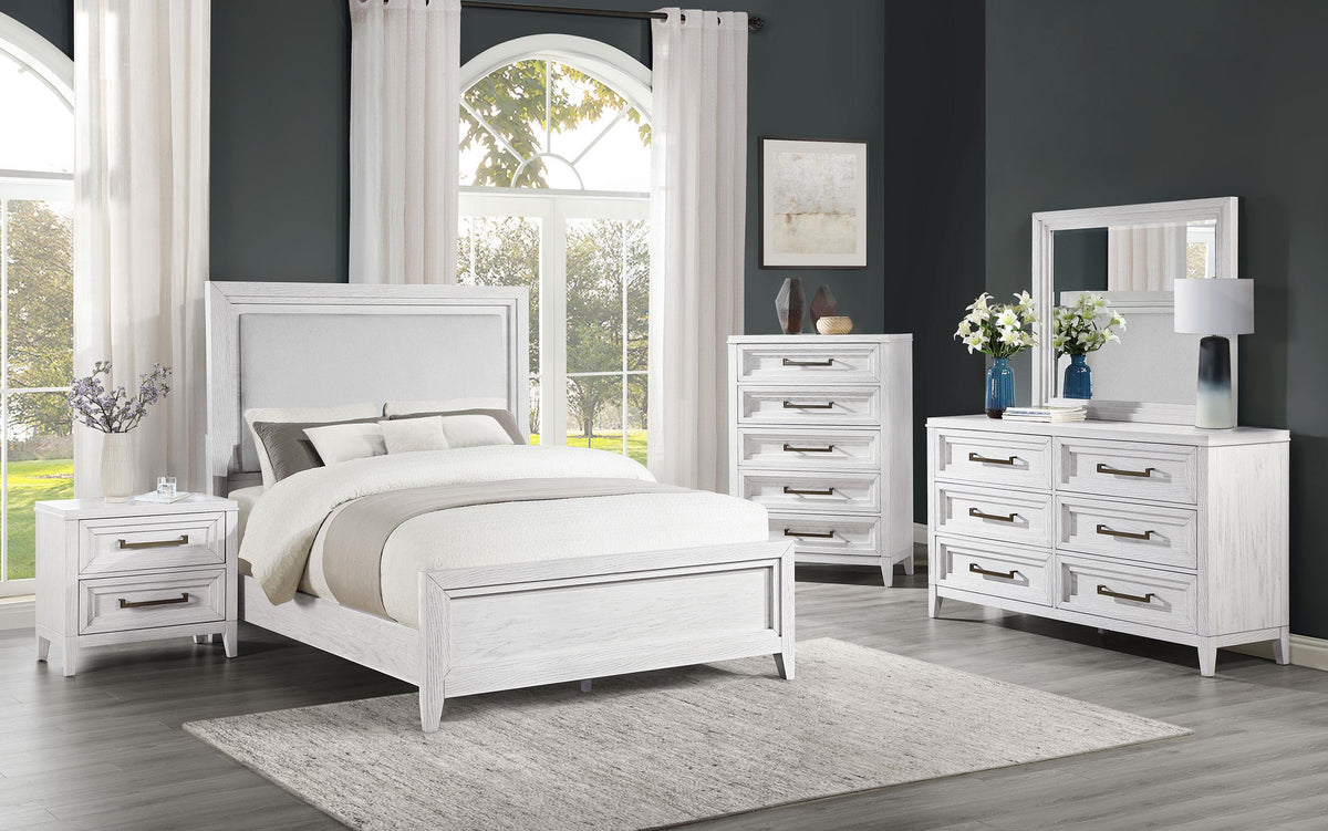 Marielle Distressed White Queen Upholstered LED Panel Bed from Coaster - Luna Furniture