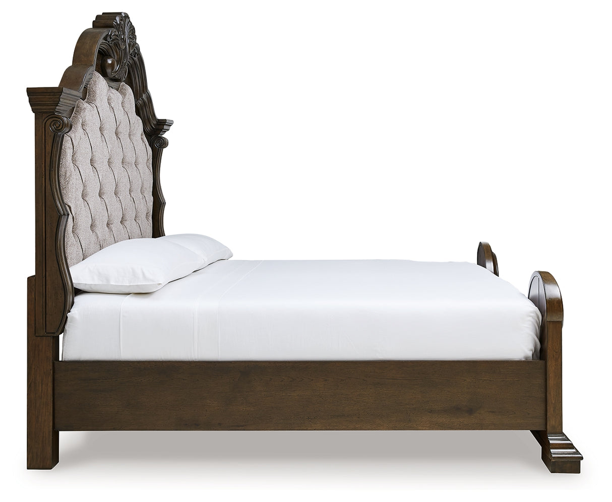 Maylee King Upholstered Bed with Mirrored Dresser and 2 Nightstands in Dark Brown from Ashley - Luna Furniture