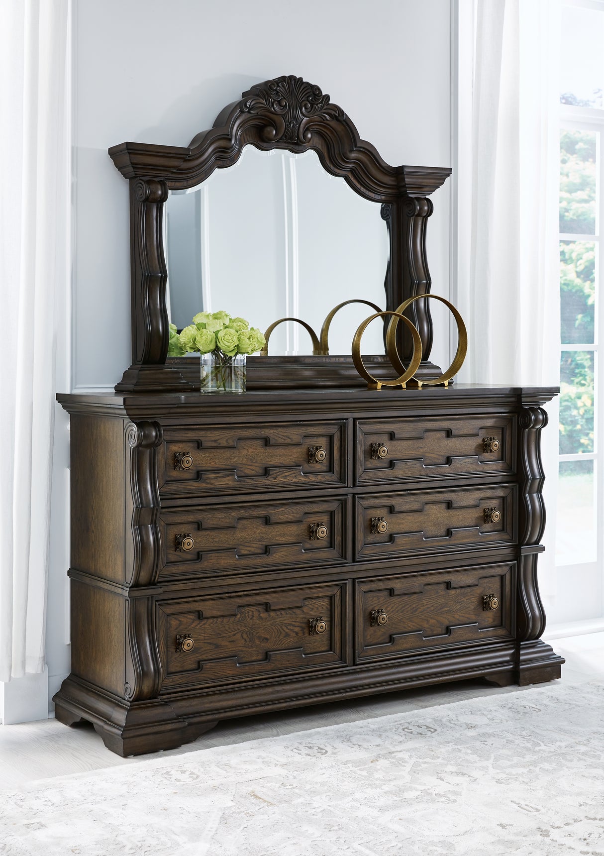 Maylee King Upholstered Bed with Mirrored Dresser and 2 Nightstands in Dark Brown from Ashley - Luna Furniture
