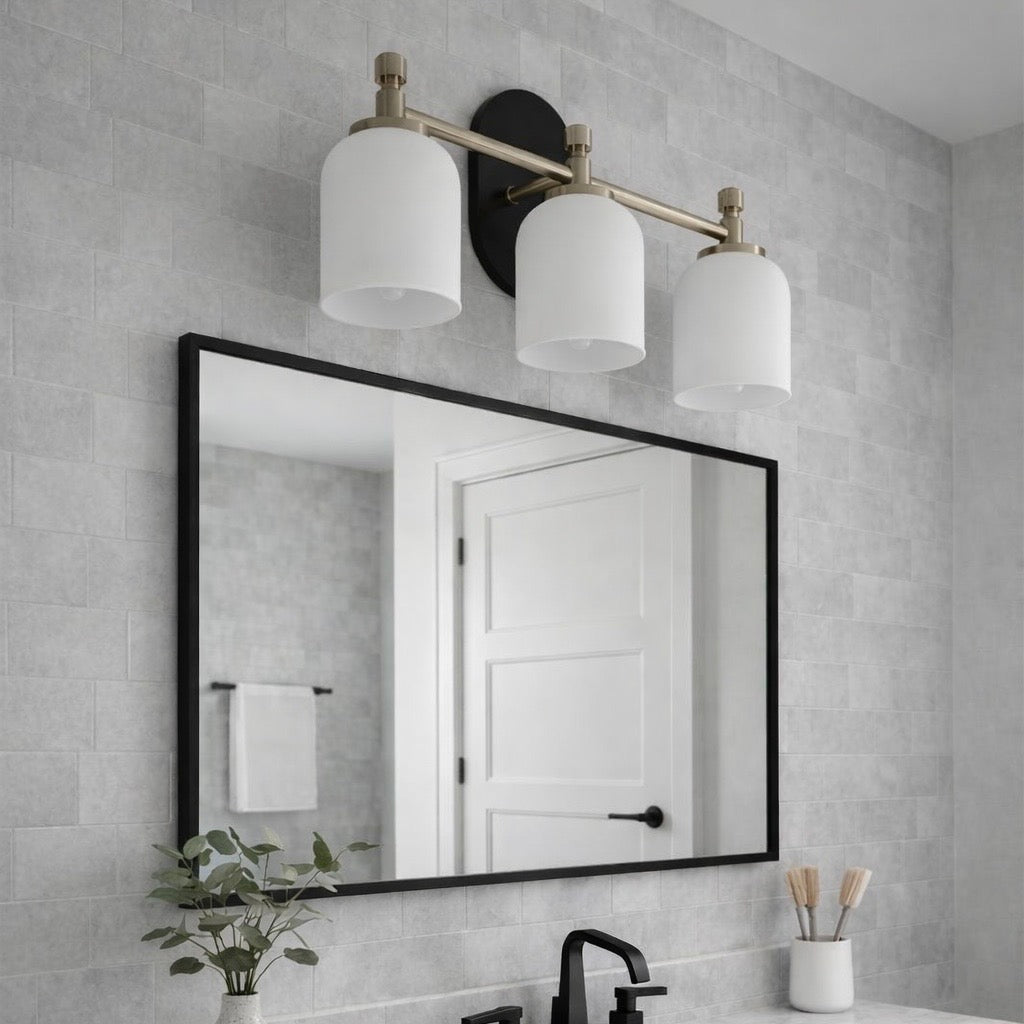 Meadows Three Lights Vanity Brushed Gold Bathroom Wall Light for Bathroom Over Mirror 20.5"W × 10.125"H × 5.5"E with White Frosted Glass from Ashcroft Furniture - Luna Furniture