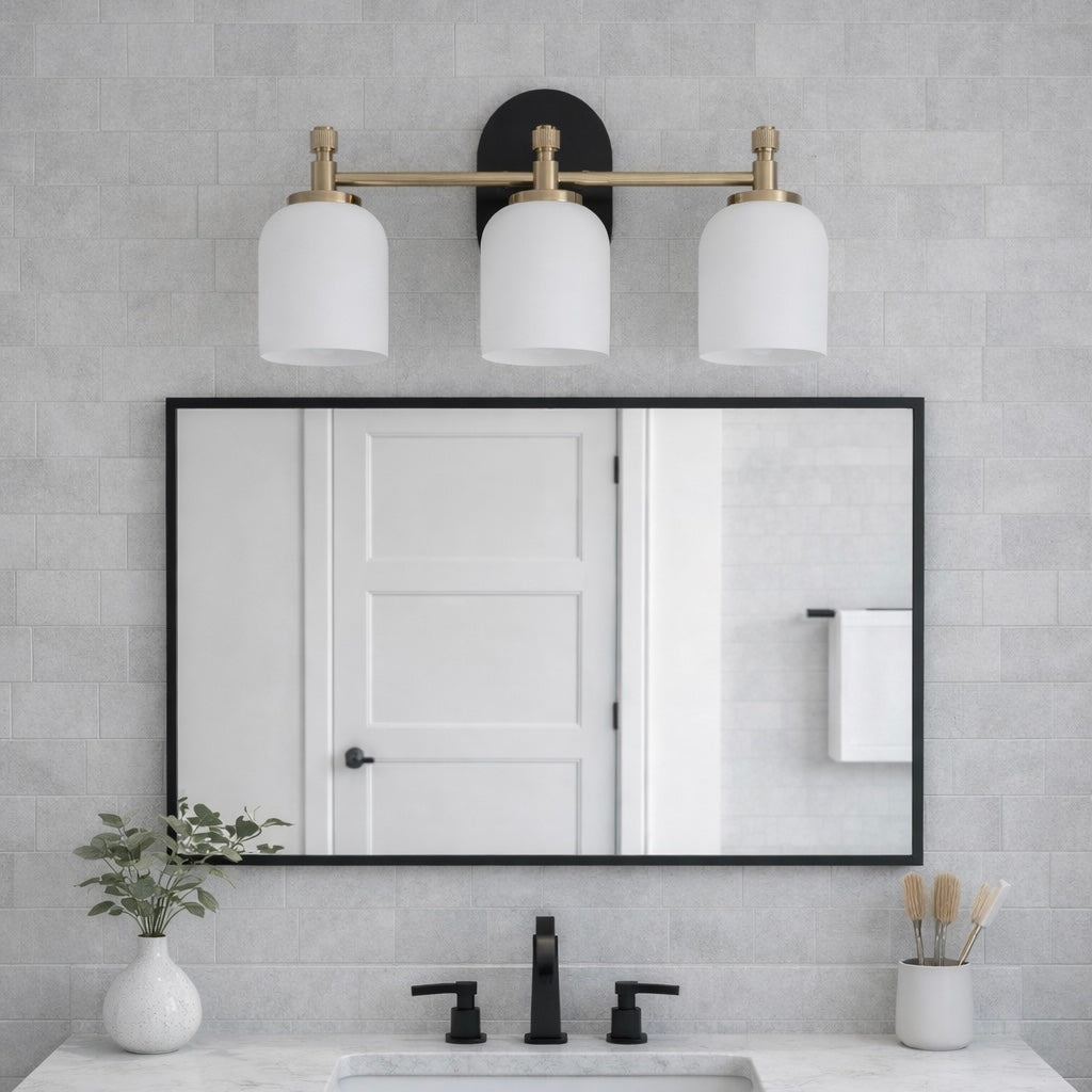 Meadows Three Lights Vanity Brushed Gold Bathroom Wall Light for Bathroom Over Mirror 20.5"W × 10.125"H × 5.5"E with White Frosted Glass from Ashcroft Furniture - Luna Furniture